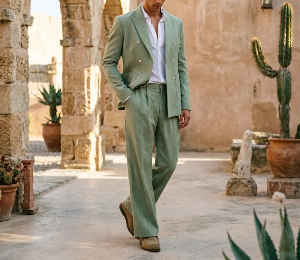 Men Formal Wear Wedding Guest - Sage Green Linen Men Suits Relaxed
