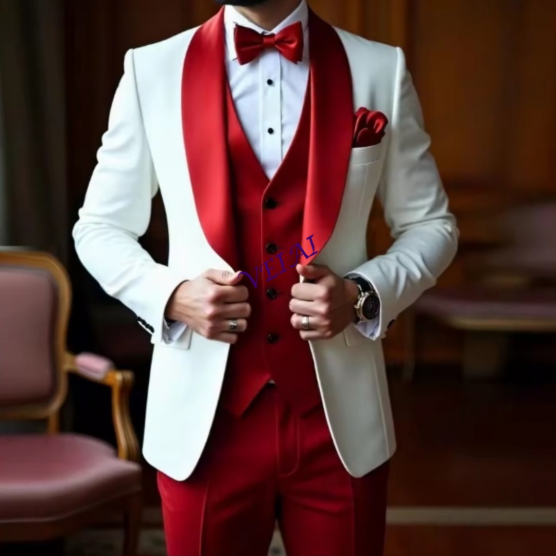Men Formal Wear Vest - CustomizedNew White And Red Men Suit