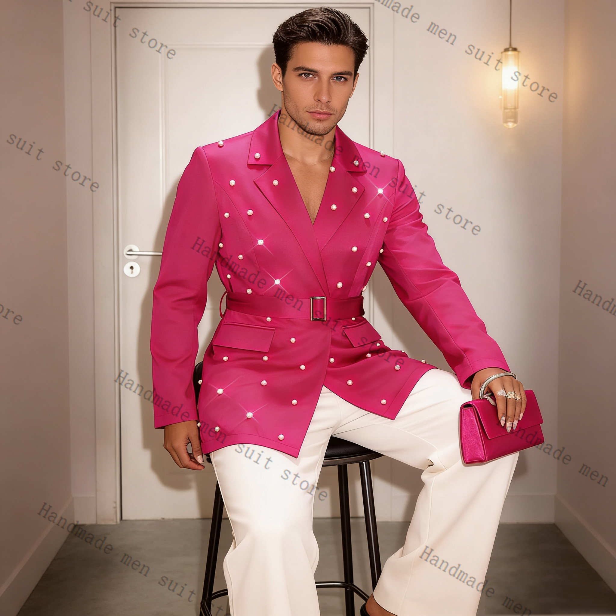 Men'S Formal Wear Belt - Pearls Pink Men Suit Set 2