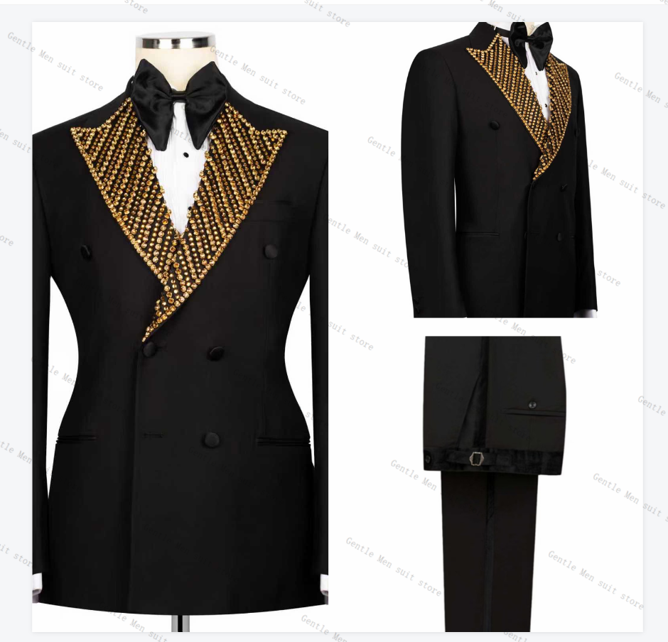 Golden Beaded Men Suit Set 2 P - مراجعة Formal Wear For Men Black Suit وسعره