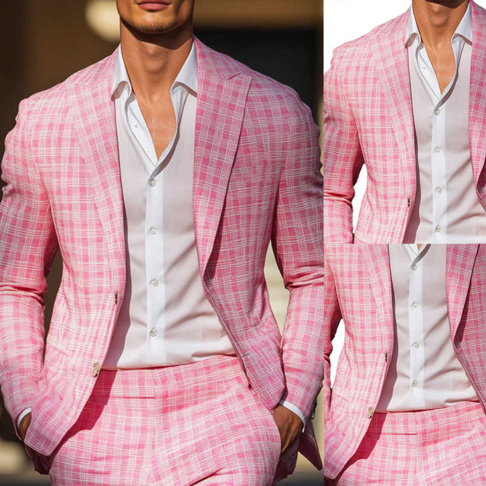 Summer Pink Plaid Mens Tuxedos - مراجعة Men Formal Wear Summer وسعره