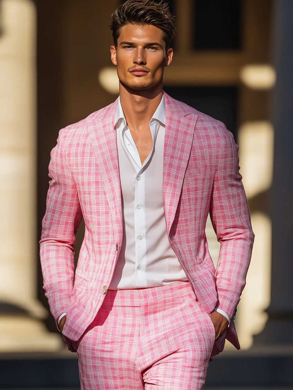 Summer Pink Plaid Mens Tuxedos - مراجعة Men Formal Wear Summer وسعره