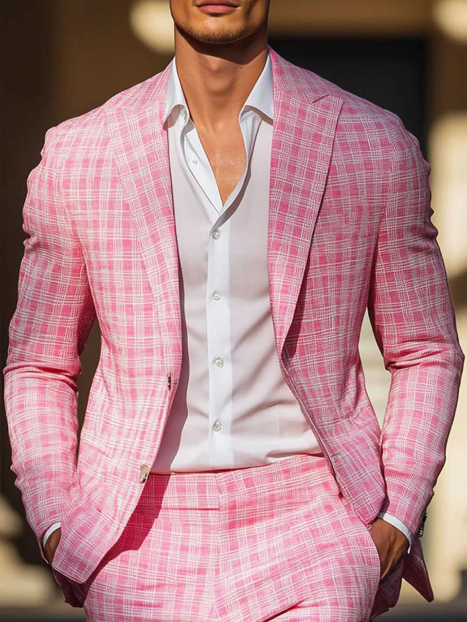 Summer Pink Plaid Mens Tuxedos - مراجعة Men Formal Wear Summer وسعره