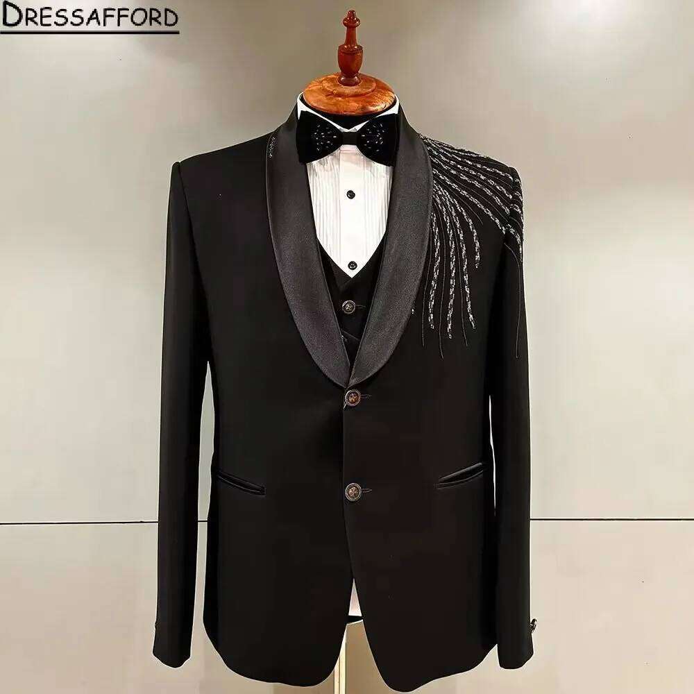 Crystal Beading Groom Wedding  - مراجعة Formal Wear For Men Black Suit وسعره