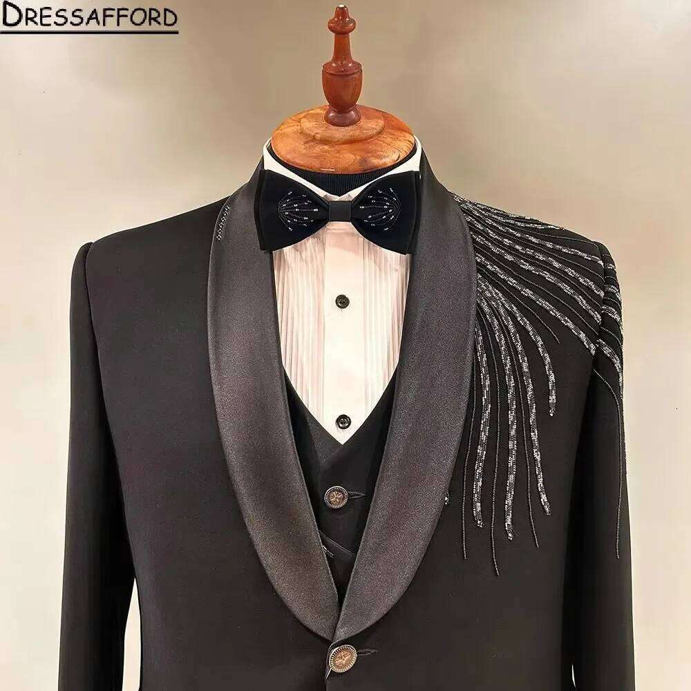 Crystal Beading Groom Wedding  - مراجعة Formal Wear For Men Black Suit وسعره