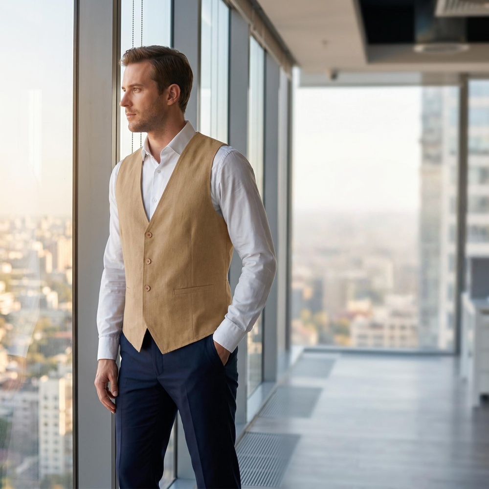 V Neck Men's Linen Vest Single - مراجعة Men Formal Wear Vest وسعره