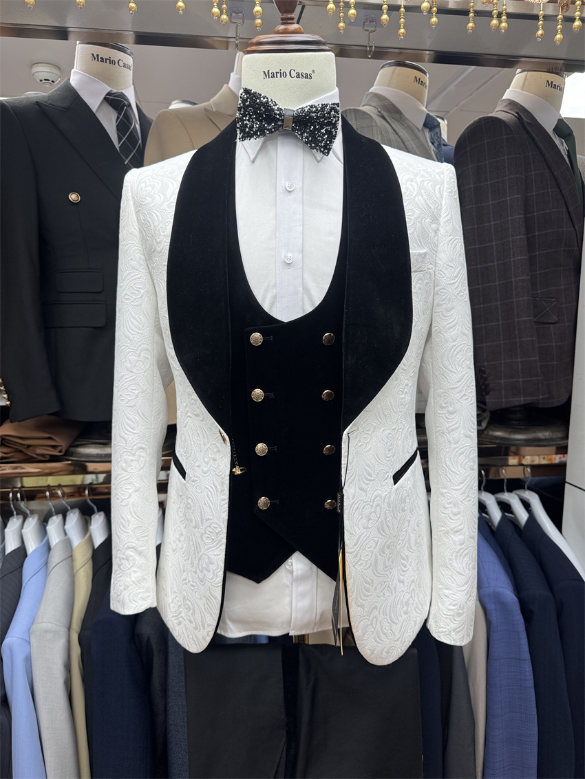 3 Pcs Floral Groom Tuxedo for  - مراجعة Formal Wear For Men Black Suit وسعره