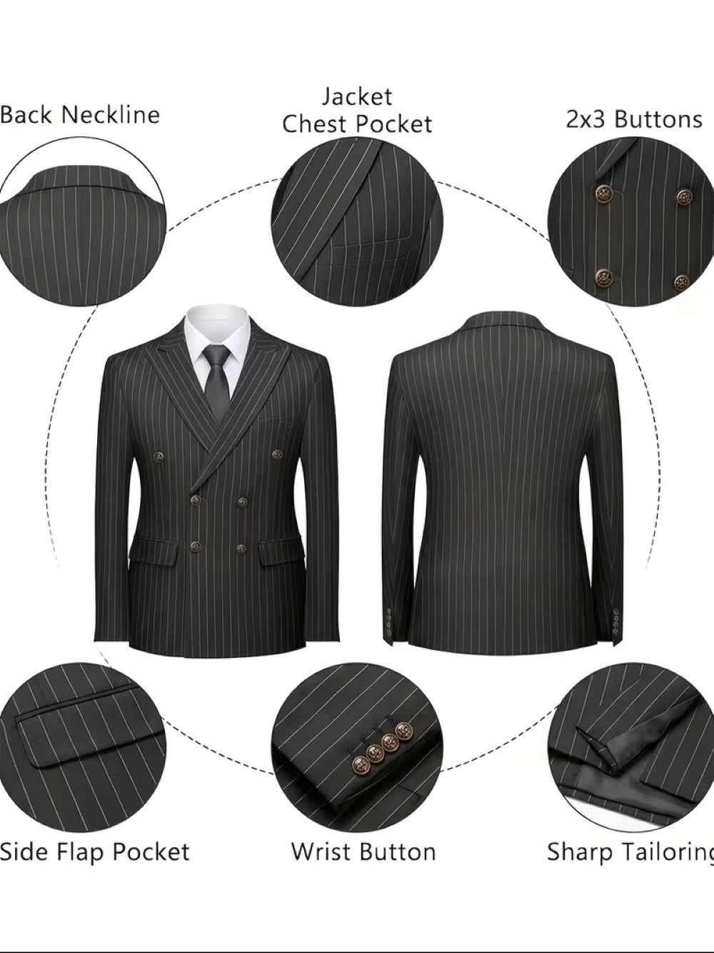  Men's Black Pinstripe Double  - مراجعة Formal Men Party Wear Jacket وسعره
